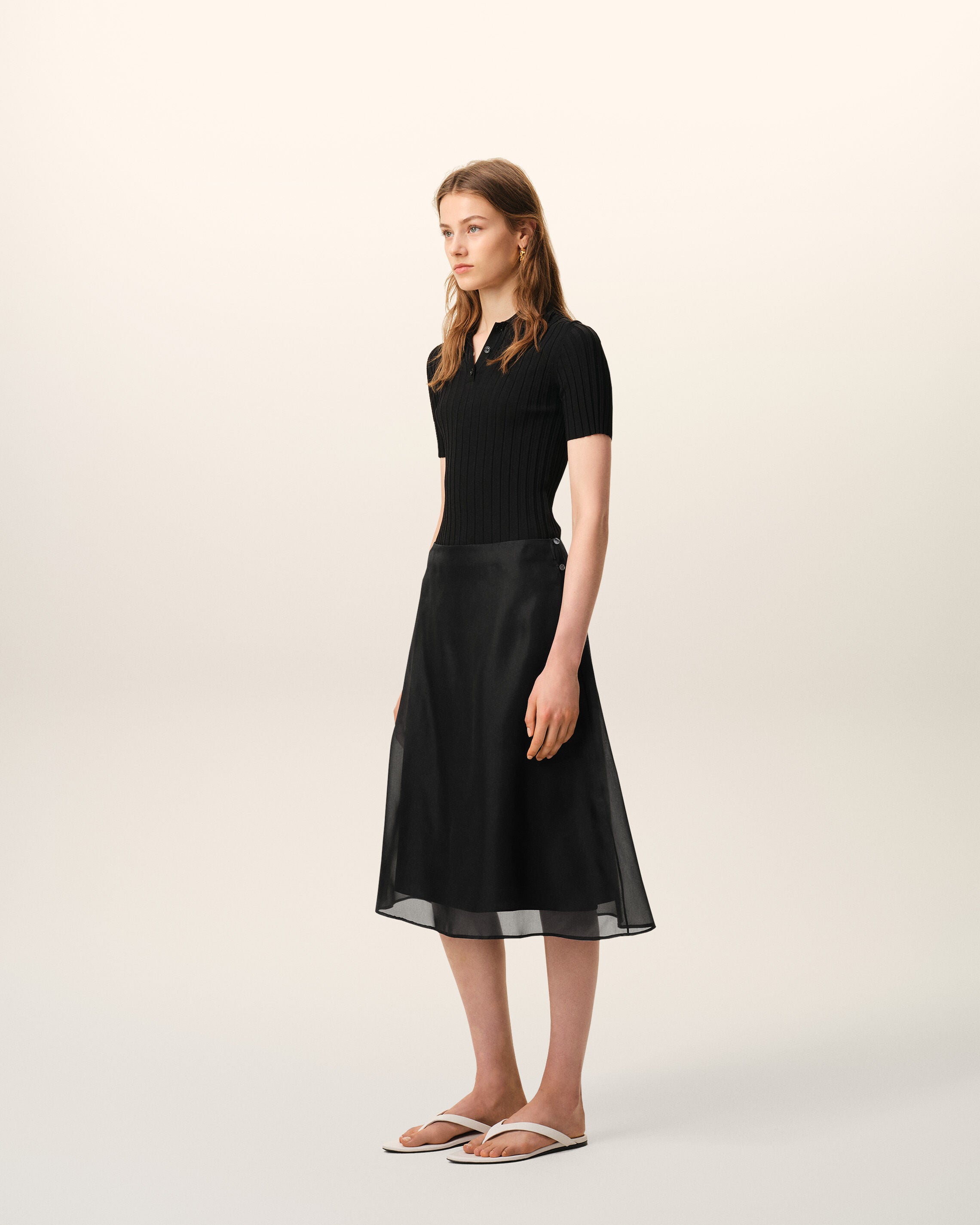 Black Silk Midi Sheer Underskirt Trapeze Skirt - 6