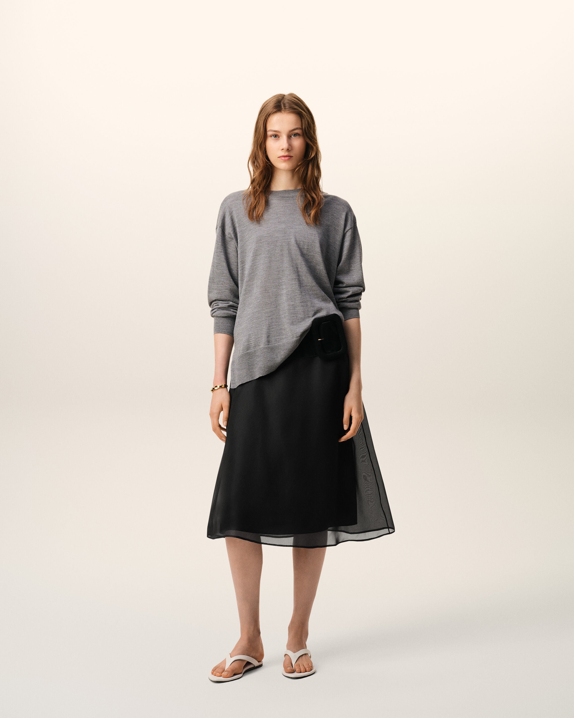 Black Silk Midi Sheer Underskirt Trapeze Skirt - 2