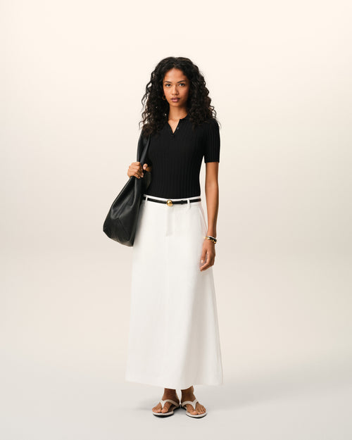                                 White Blended Linen Tailor Construction Long Trapeze Skirt - 3                             - Ami Paris