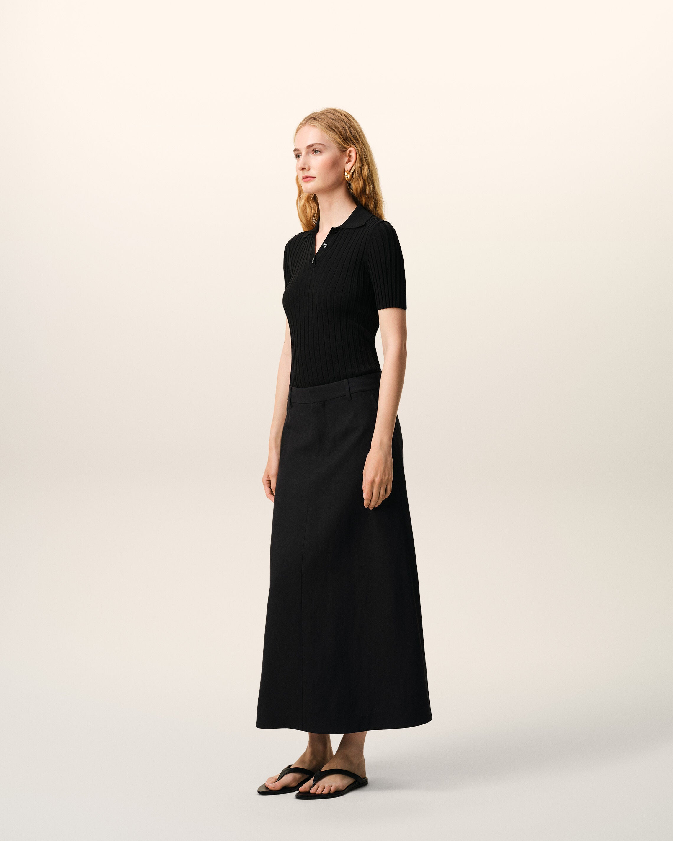Black Blended Linen Tailor Construction Long Trapeze Skirt - 6
