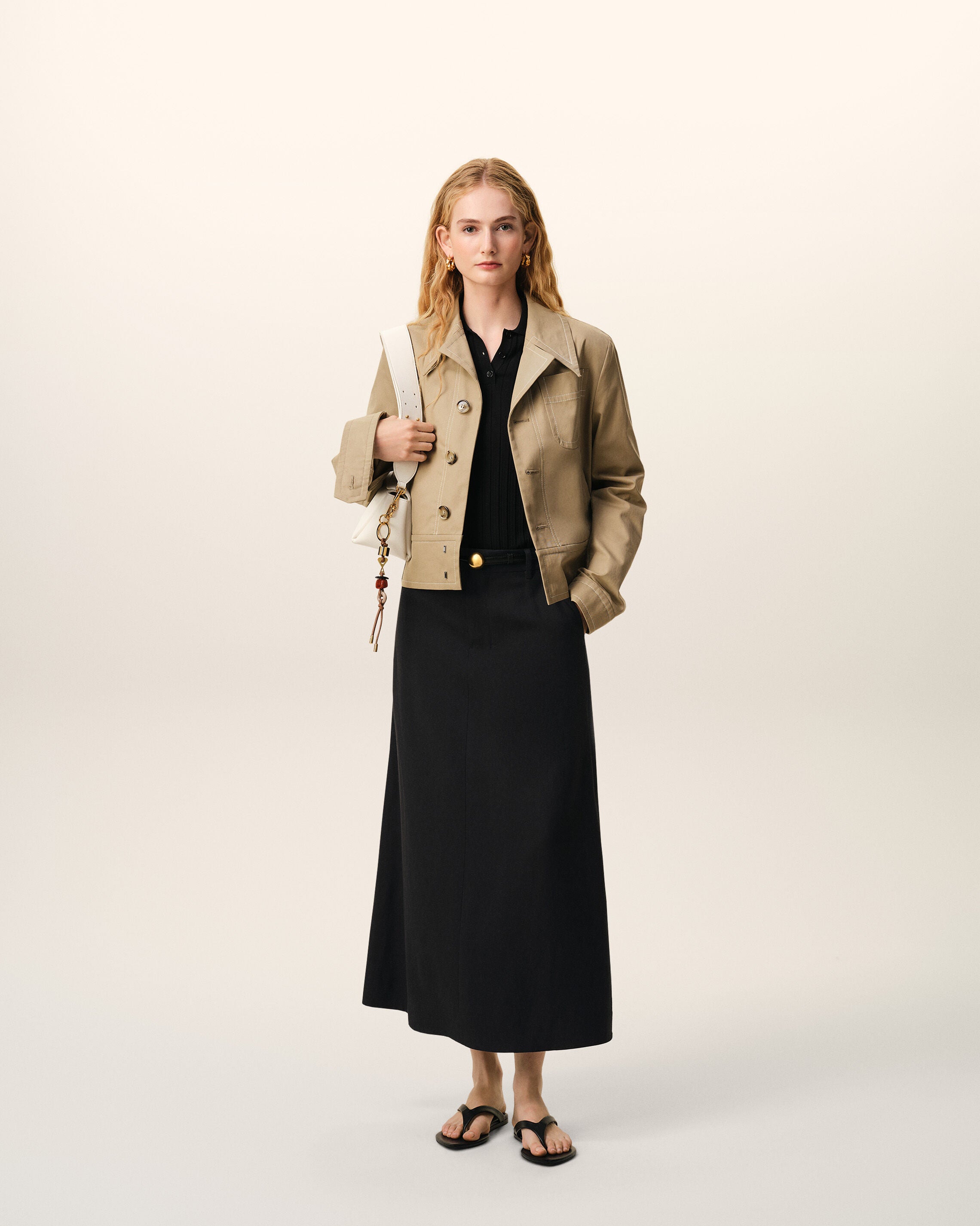 Black Blended Linen Tailor Construction Long Trapeze Skirt - 2