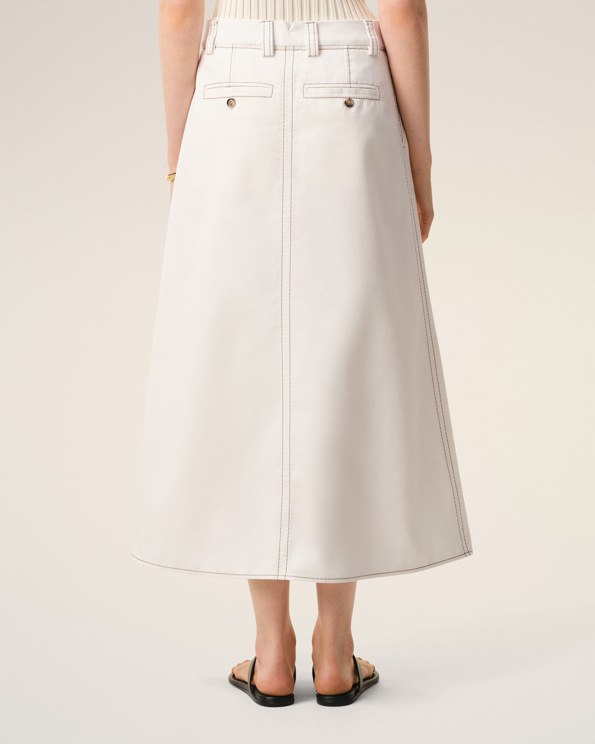 White Cotton Gabardine Long Trapeze Skirt - 4