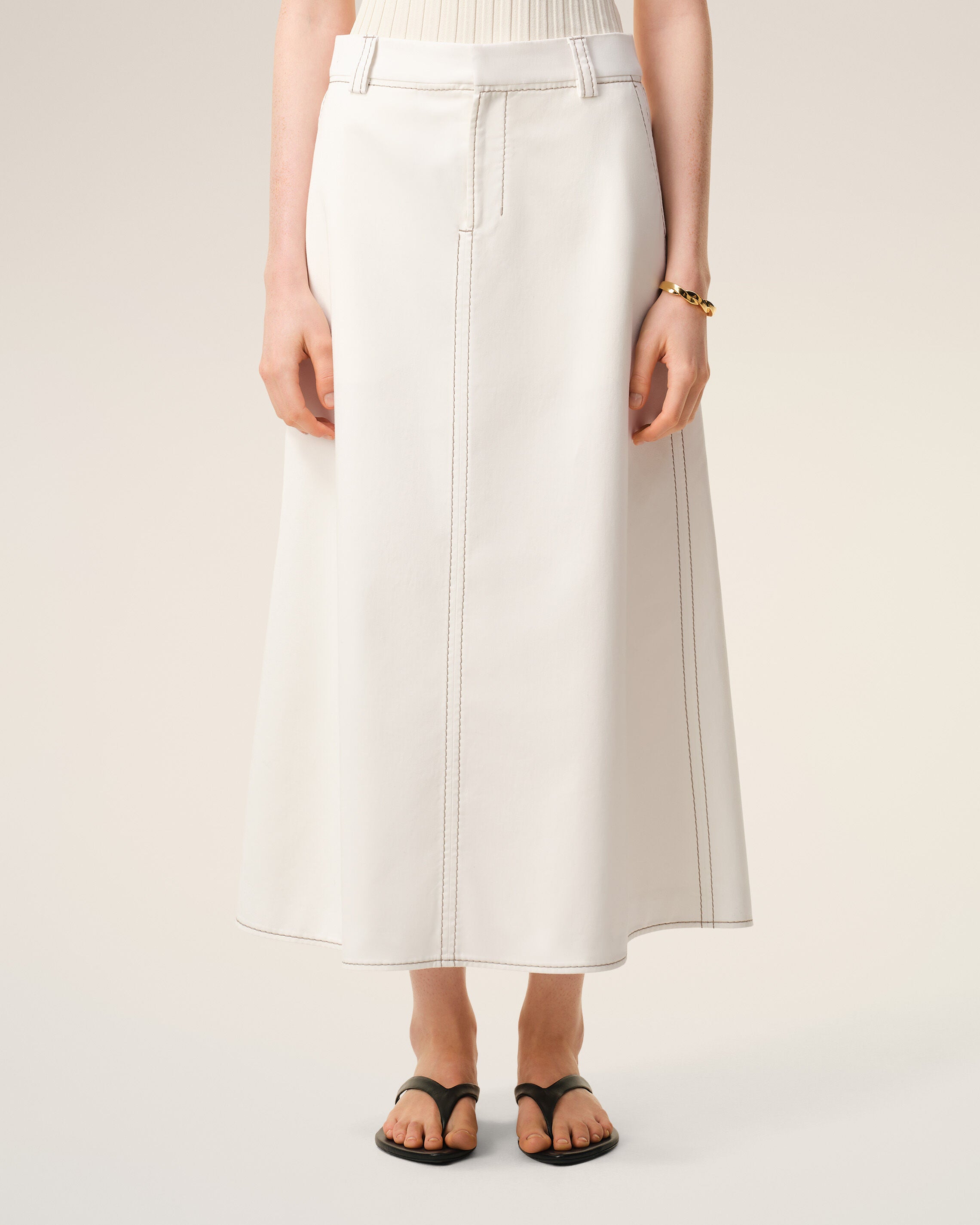 White Cotton Gabardine Long Trapeze Skirt - 3