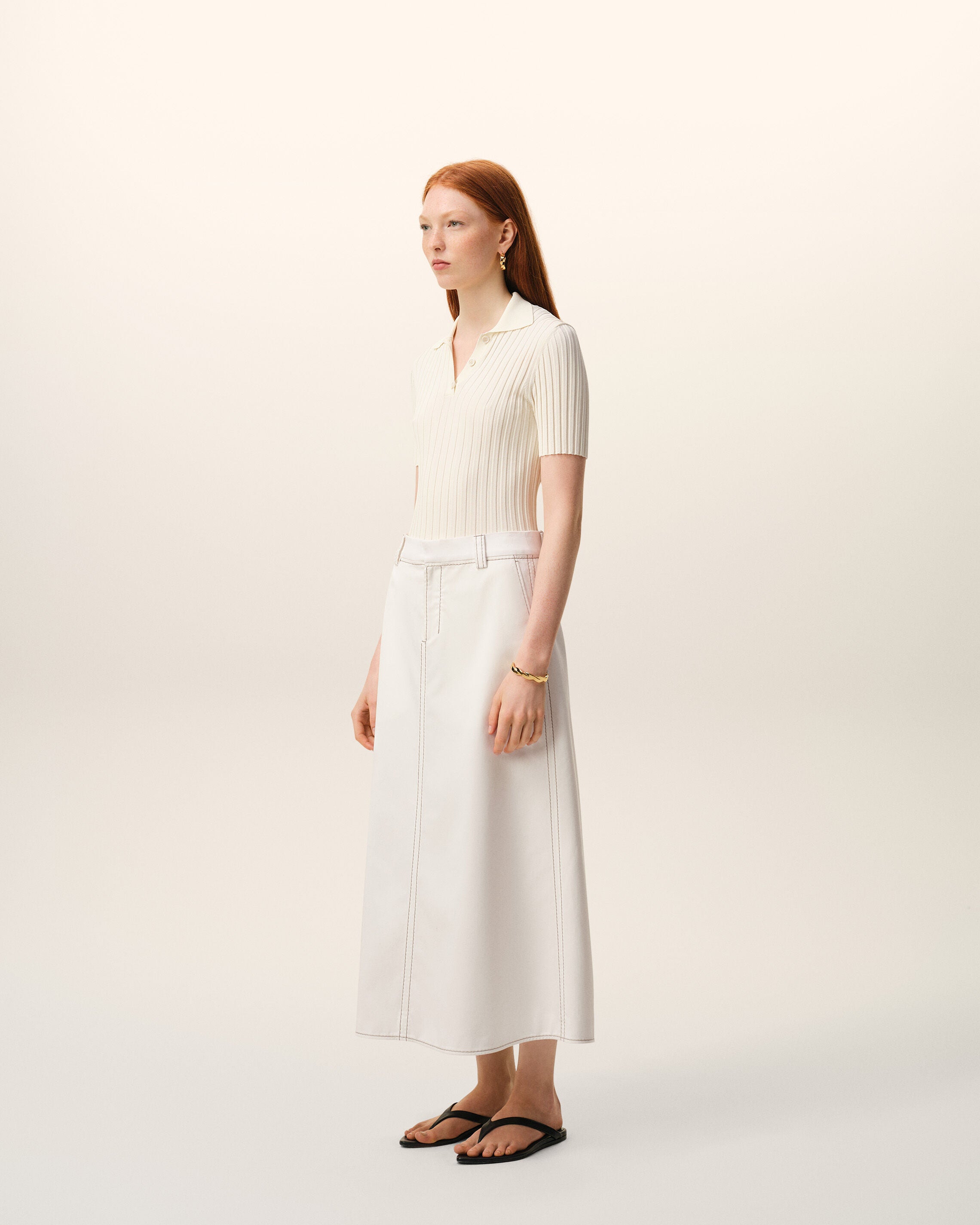 White Cotton Gabardine Long Trapeze Skirt - 6