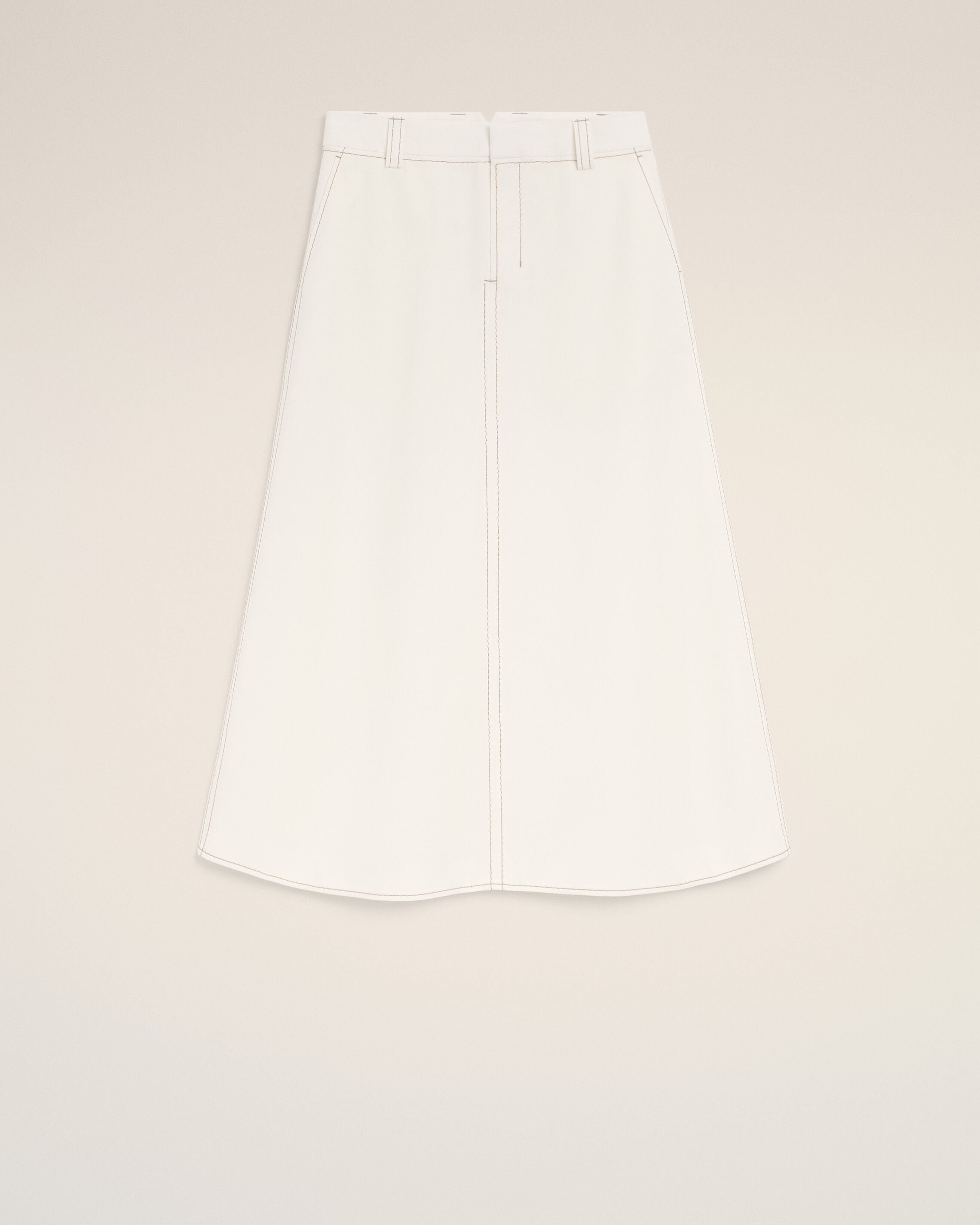 White Cotton Gabardine Long Trapeze Skirt - 1