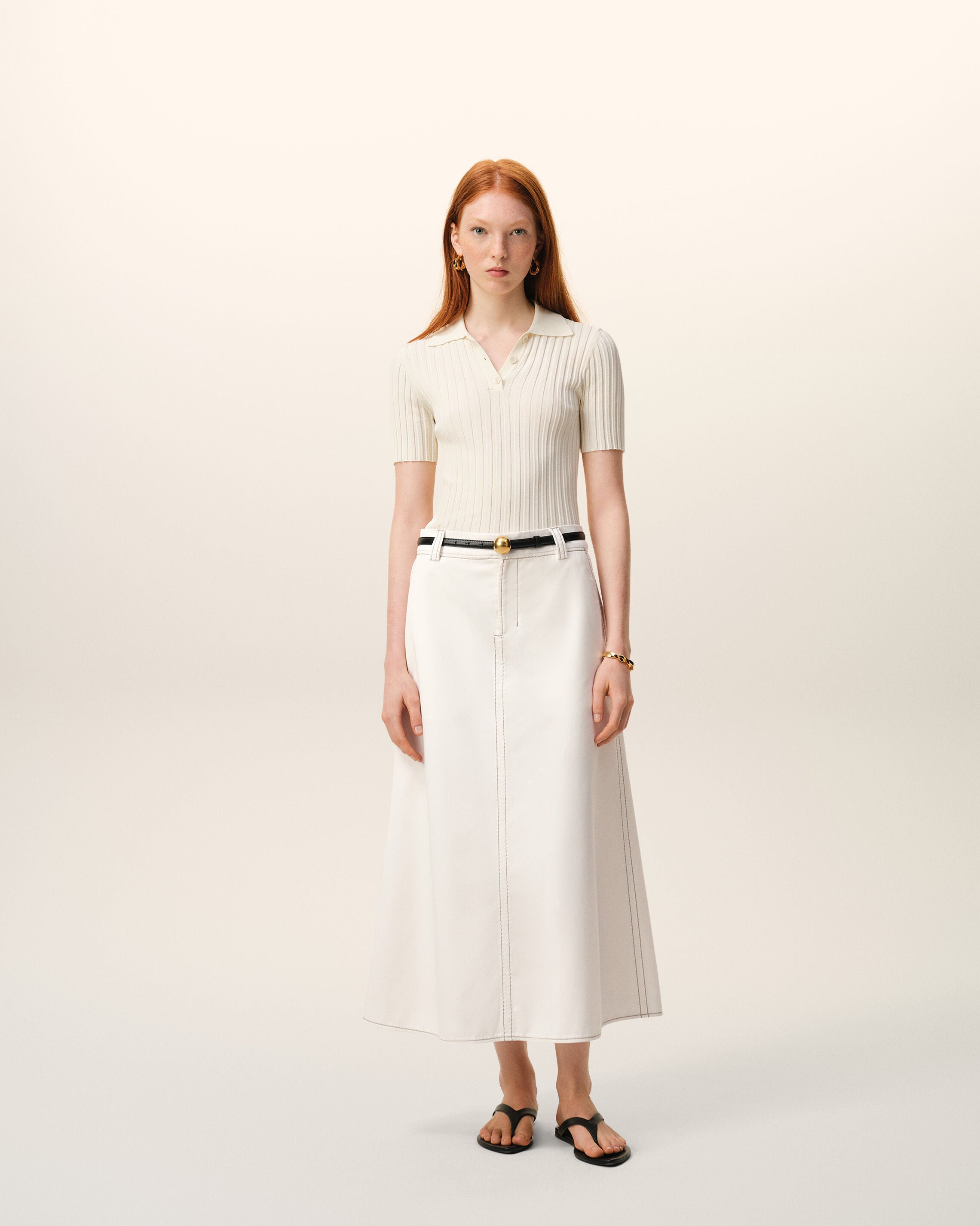 White Cotton Gabardine Long Trapeze Skirt - 2