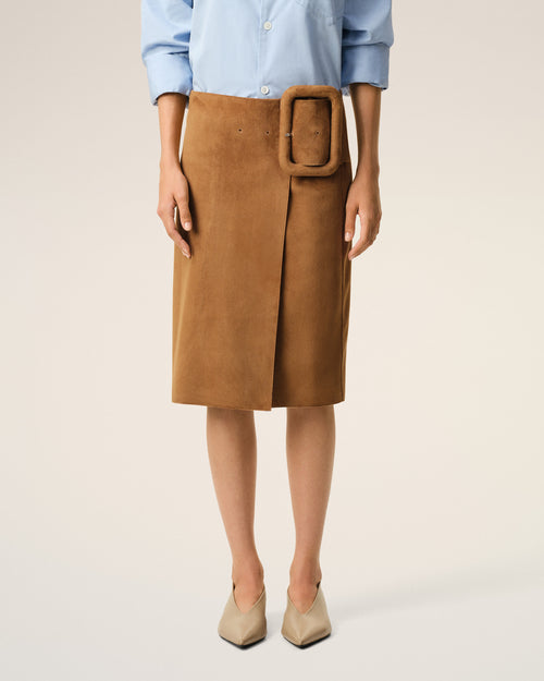 Brown Goat Leather Big Buckle Belted Midi Skirt - 3 - Ami Paris