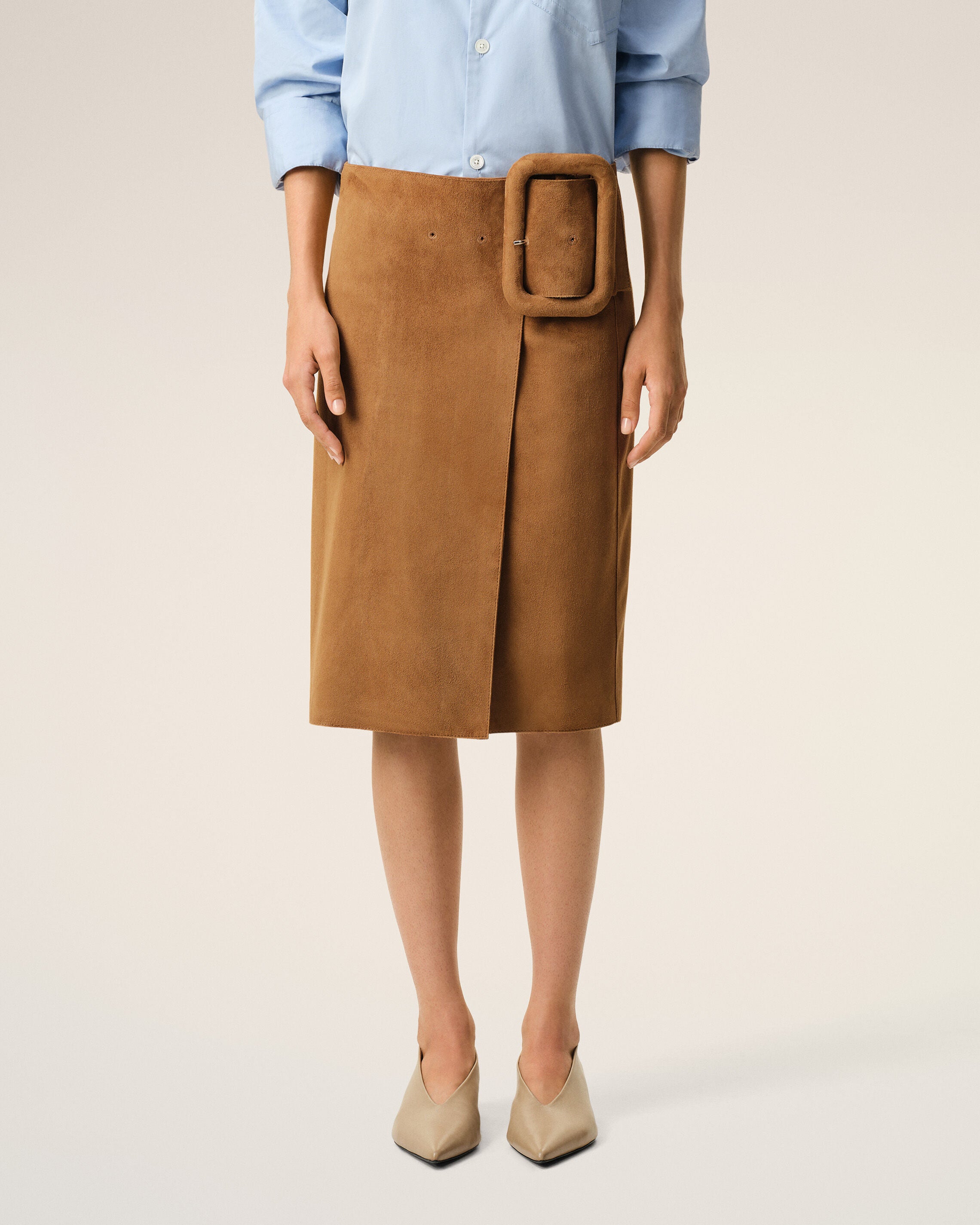 Brown Goat Leather Big Buckle Belted Midi Skirt - 3
