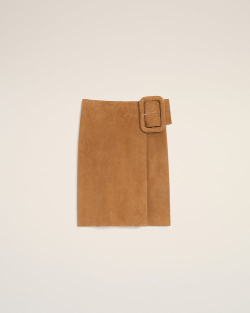 Brown Goat Leather Big Buckle Belted Midi Skirt - 4 - Ami Paris