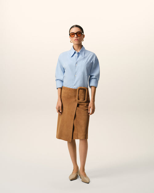                             Brown Goat Leather Big Buckle Belted Midi Skirt - 3                         - Ami Paris