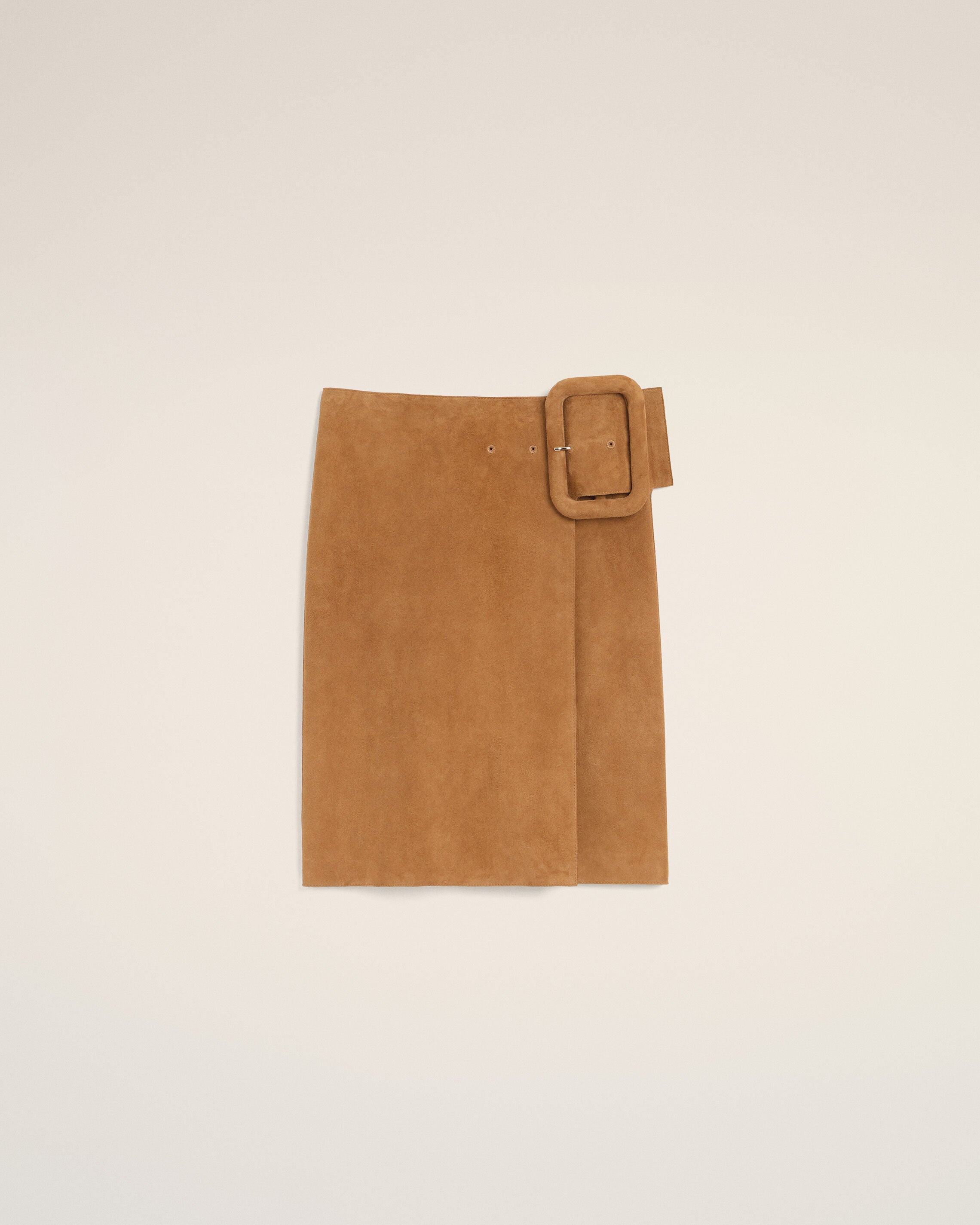 Brown Goat Leather Big Buckle Belted Midi Skirt - 1