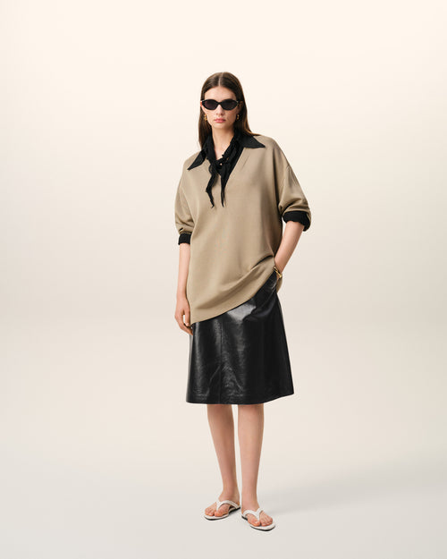 Black Lamb Leather Midi Trapeze Skirt - 2 - Ami Paris
