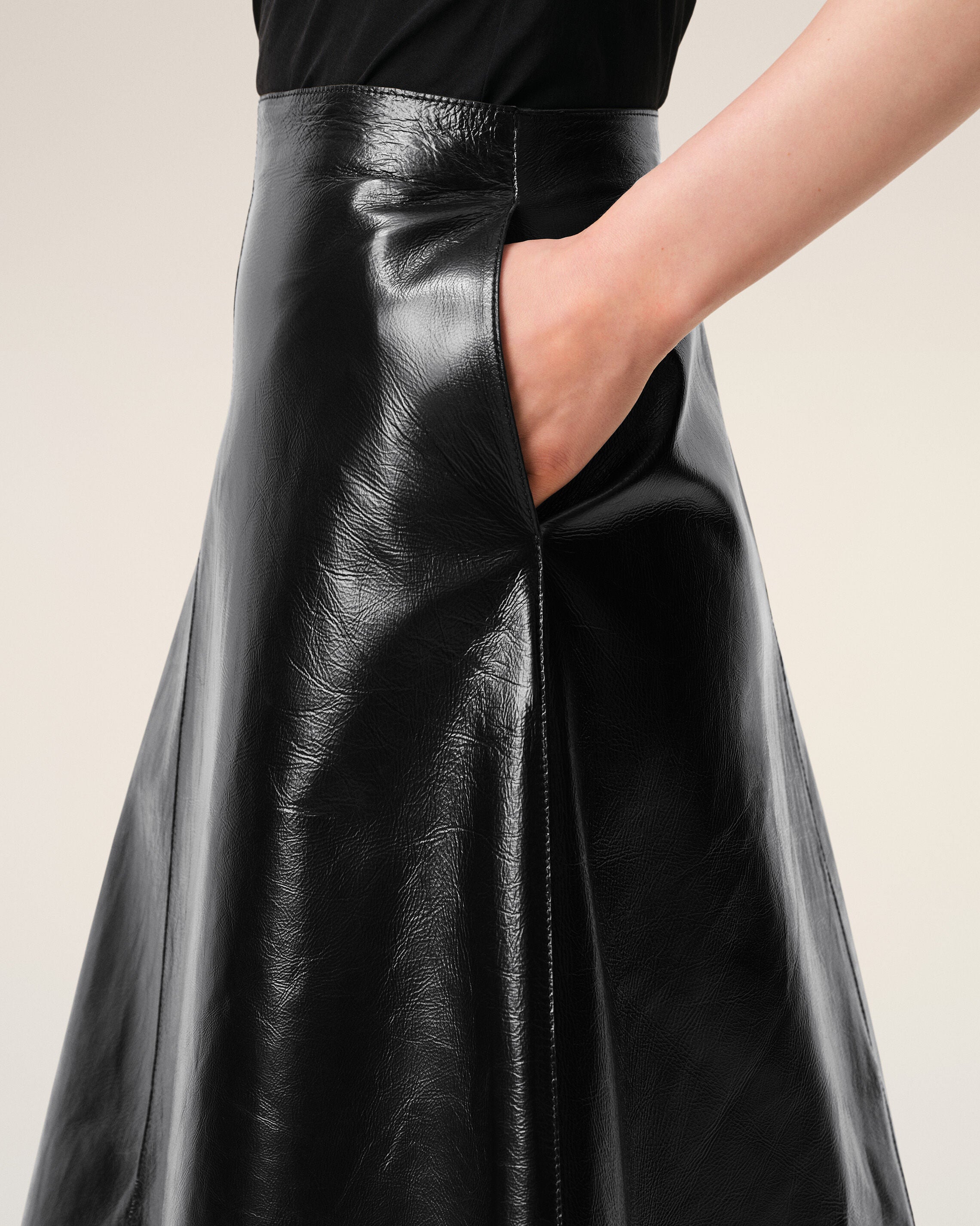 Black Lamb Leather Midi Trapeze Skirt - 5