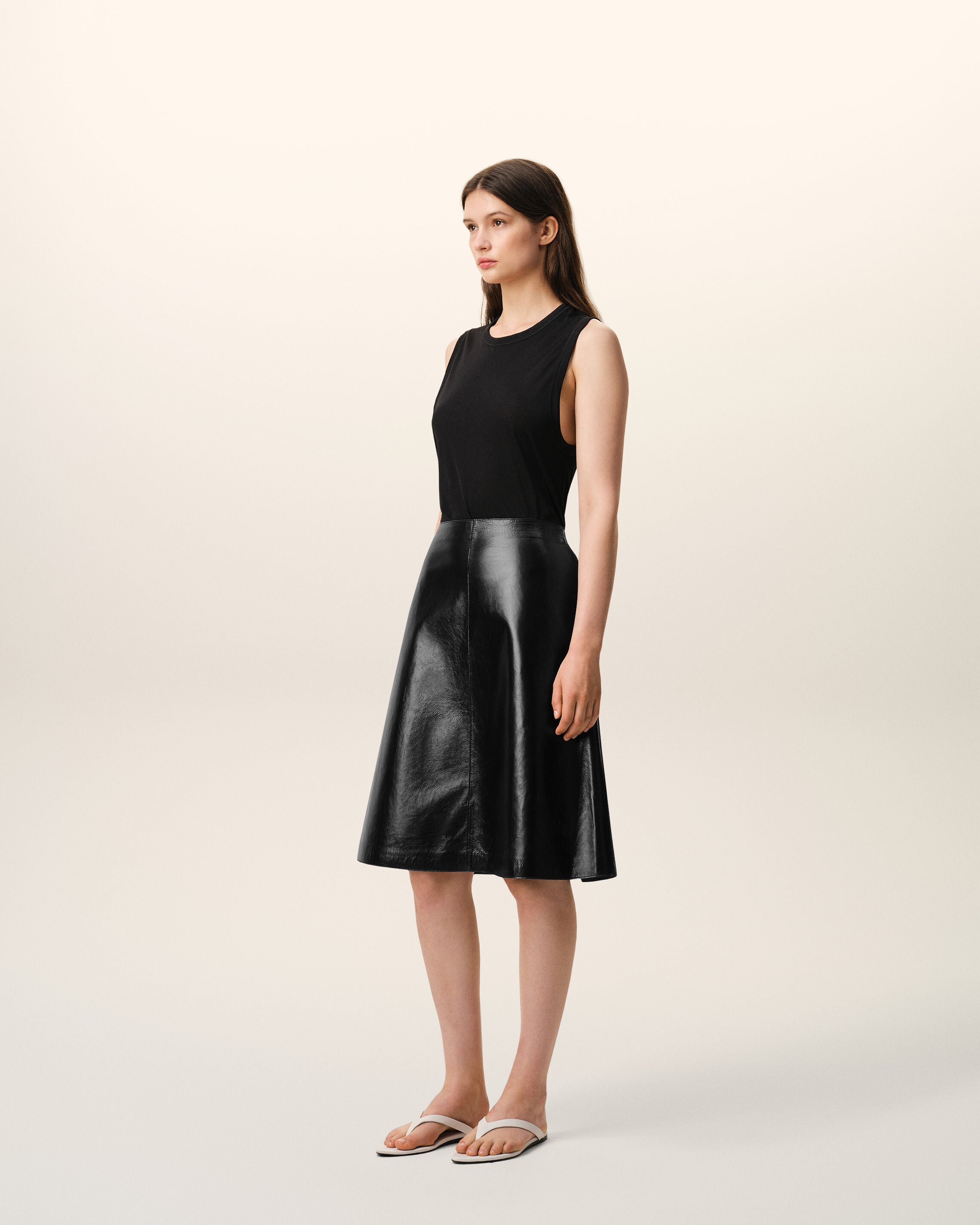BLACK Black Lamb Leather Midi Trapeze Skirt | Ami Paris