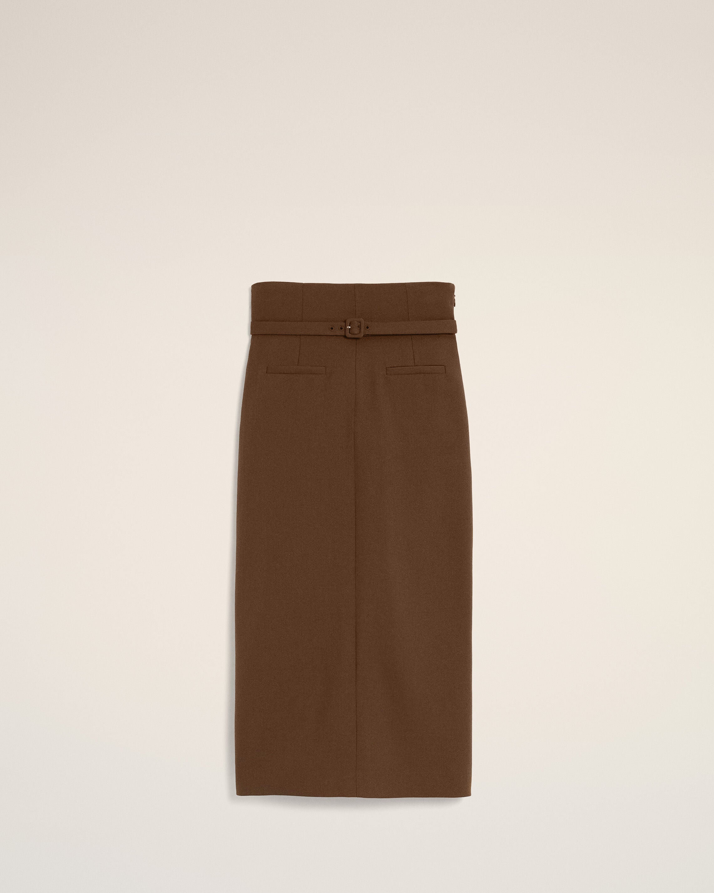 Jupe crayon marron ceinturée en laine - 1