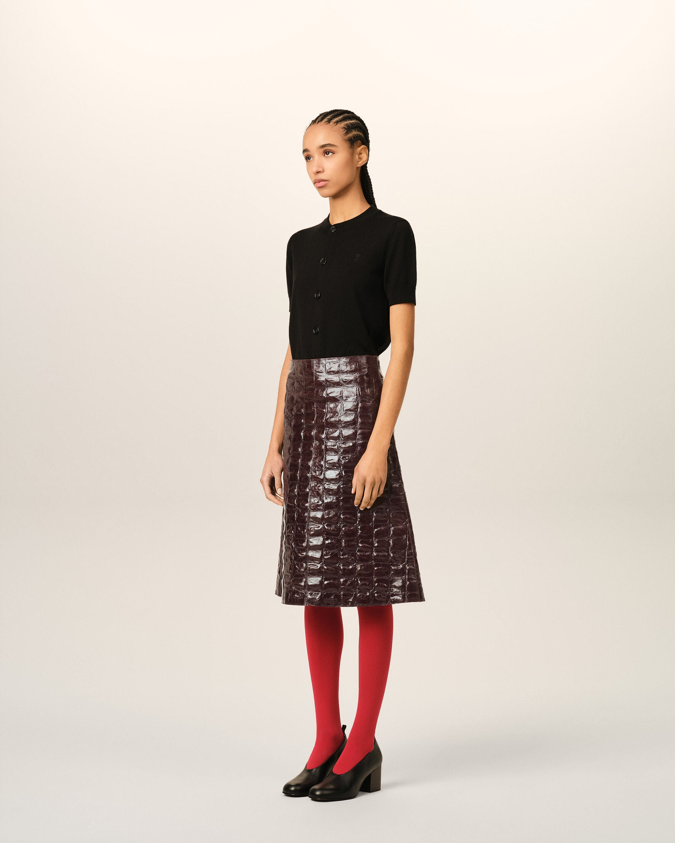 Jupe midi bordeaux en cuir de vachette - 6