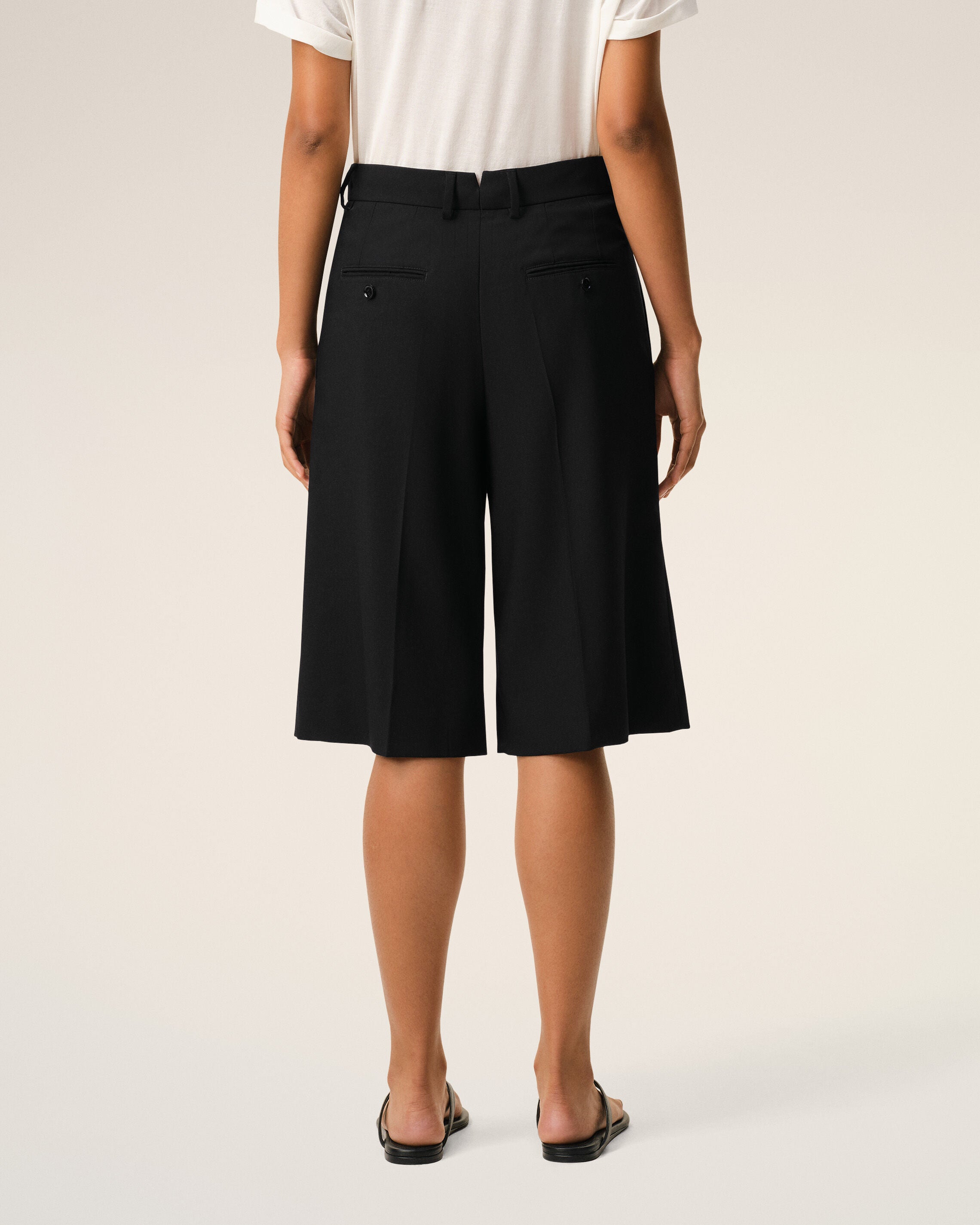 Black New Wool High Waist Wide Bermuda Shorts - 4