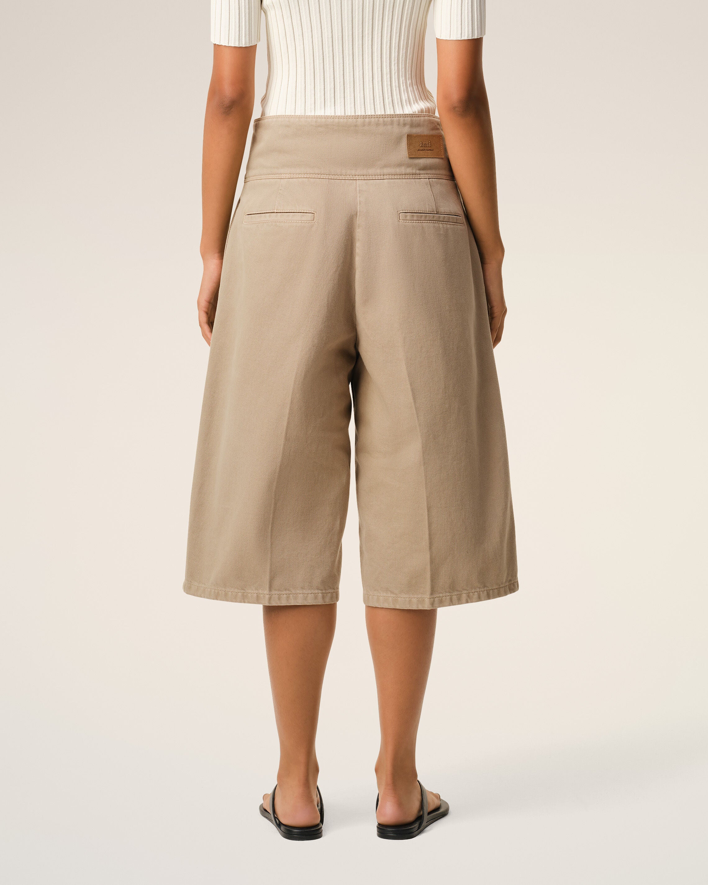 Beige Cotton Wrapped Belted Bermuda Shorts - 4