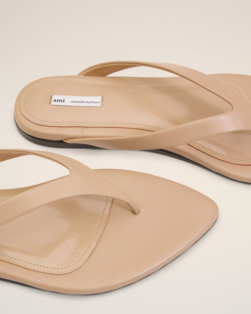 Beige Lamb Leather Pointed Toe Flip Flops - 5 - Ami Paris