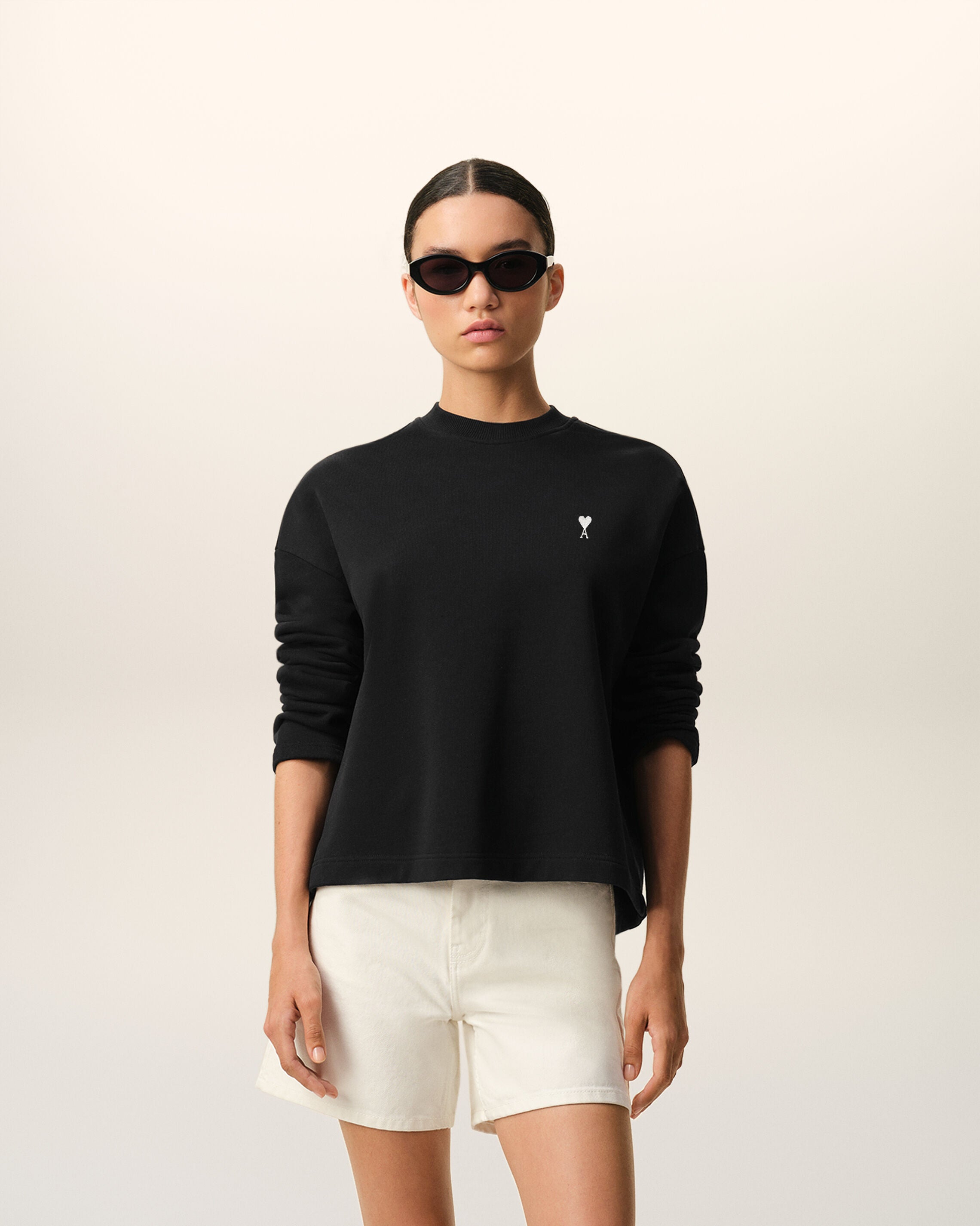 BLACK/WHITE CREAM Black Cotton Ami De Coeur Cropped Sweatshirt