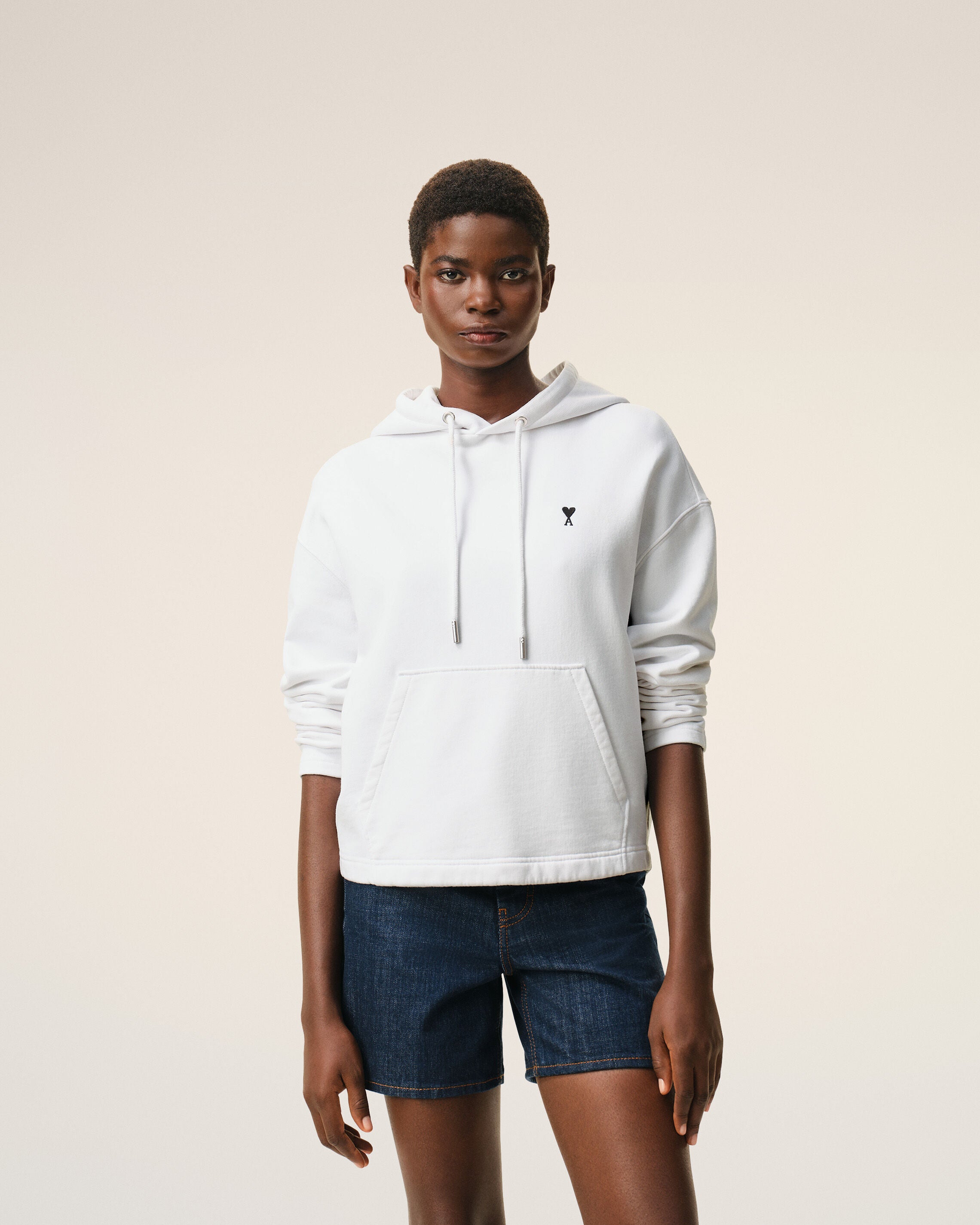 White Cotton Ami De Coeur Cropped Hoodie - 3