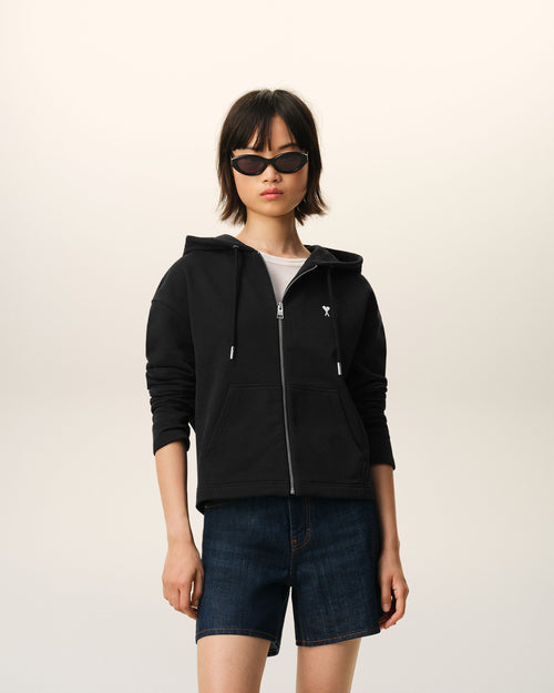                                 Black Cotton Ami De Coeur Zipped Hoodie - 3                             - Ami Paris