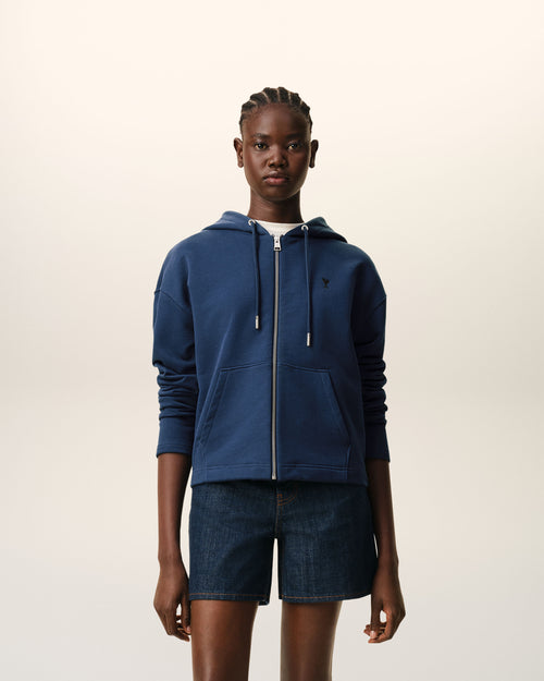                                     Blue Cotton Ami De Coeur Zipped Hoodie - 3                                 - Ami Paris