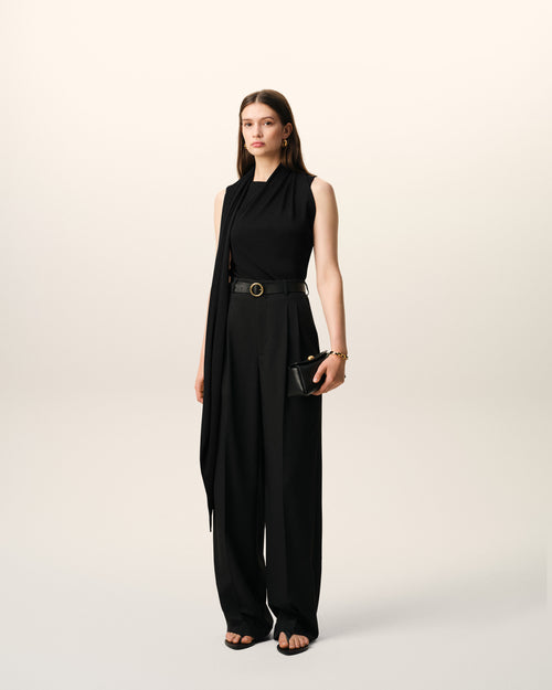 Black Jersey Sleeveless Lavalliere Top - 1 - Ami Paris