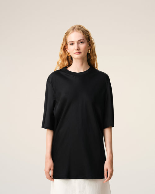 Black Satin Short Sleeves Rib Detail T-shirt - Woman - 3 - AMI Paris - Ami Paris
