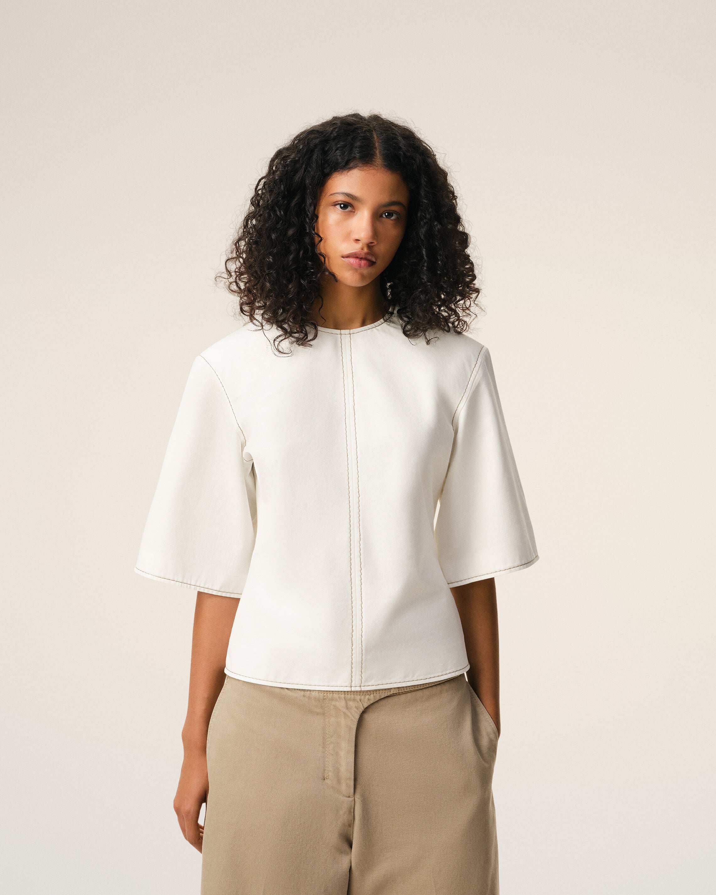 White Cotton Short Sleeves Fitted Top  - 3