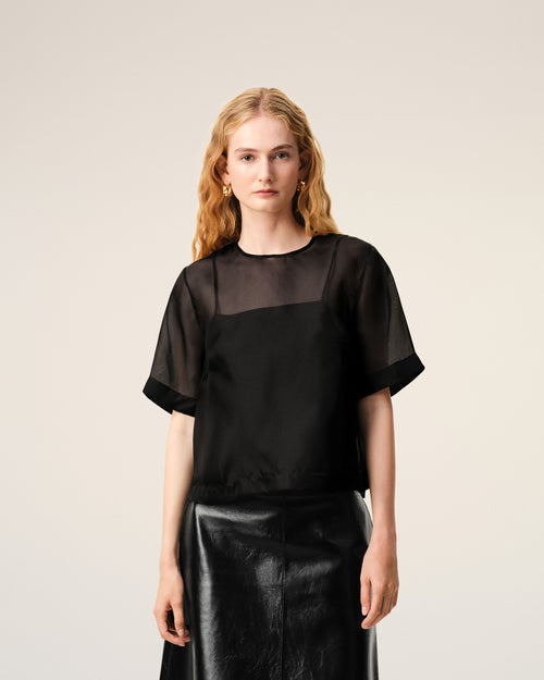 Black SIlk Short Sleeves Sheer With Undertop Top - Woman - 3 - AMI Paris - Ami Paris