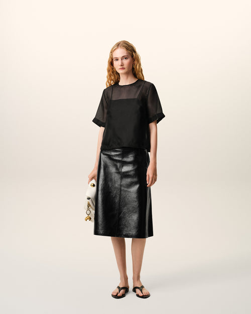                                 Black SIlk Short Sleeves Sheer With Undertop Top - 3                             - Ami Paris