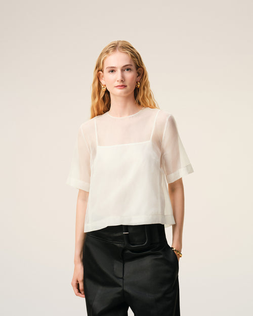 White SIlk Short Sleeves Sheer With Undertop Top - Woman - 3 - AMI Paris - Ami Paris