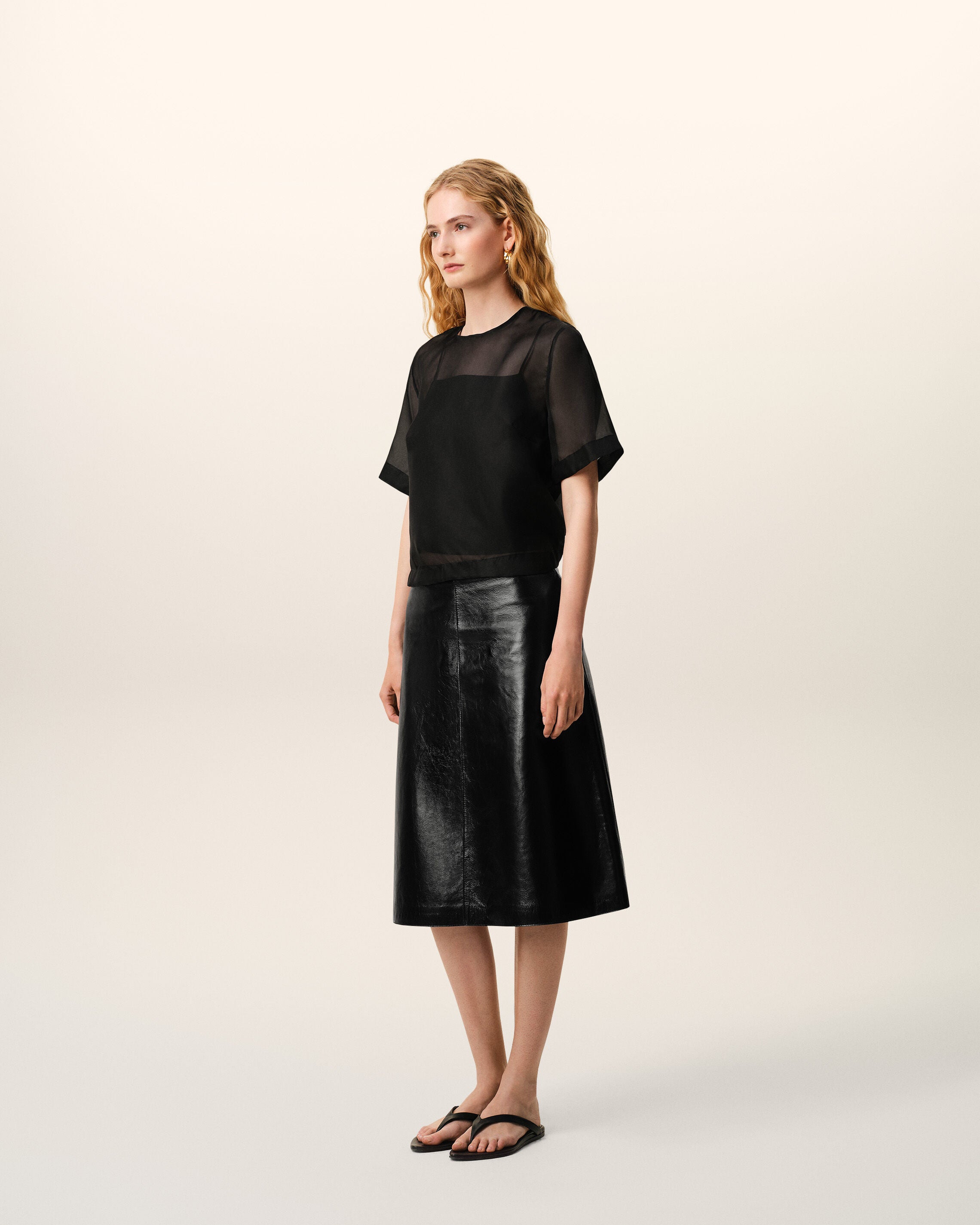 Black SIlk Short Sleeves Sheer With Undertop Top - 6