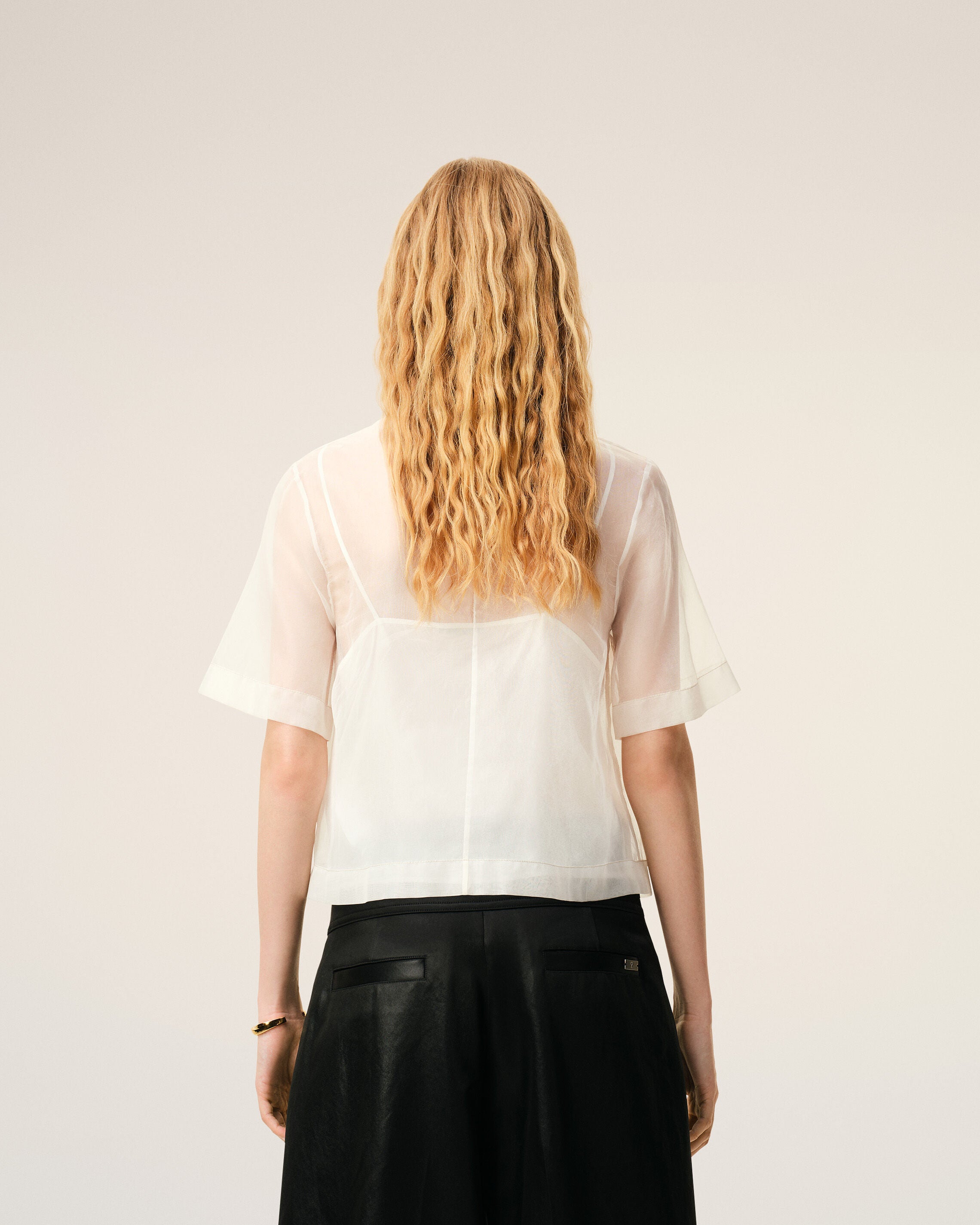 White SIlk Short Sleeves Sheer With Undertop Top - 5