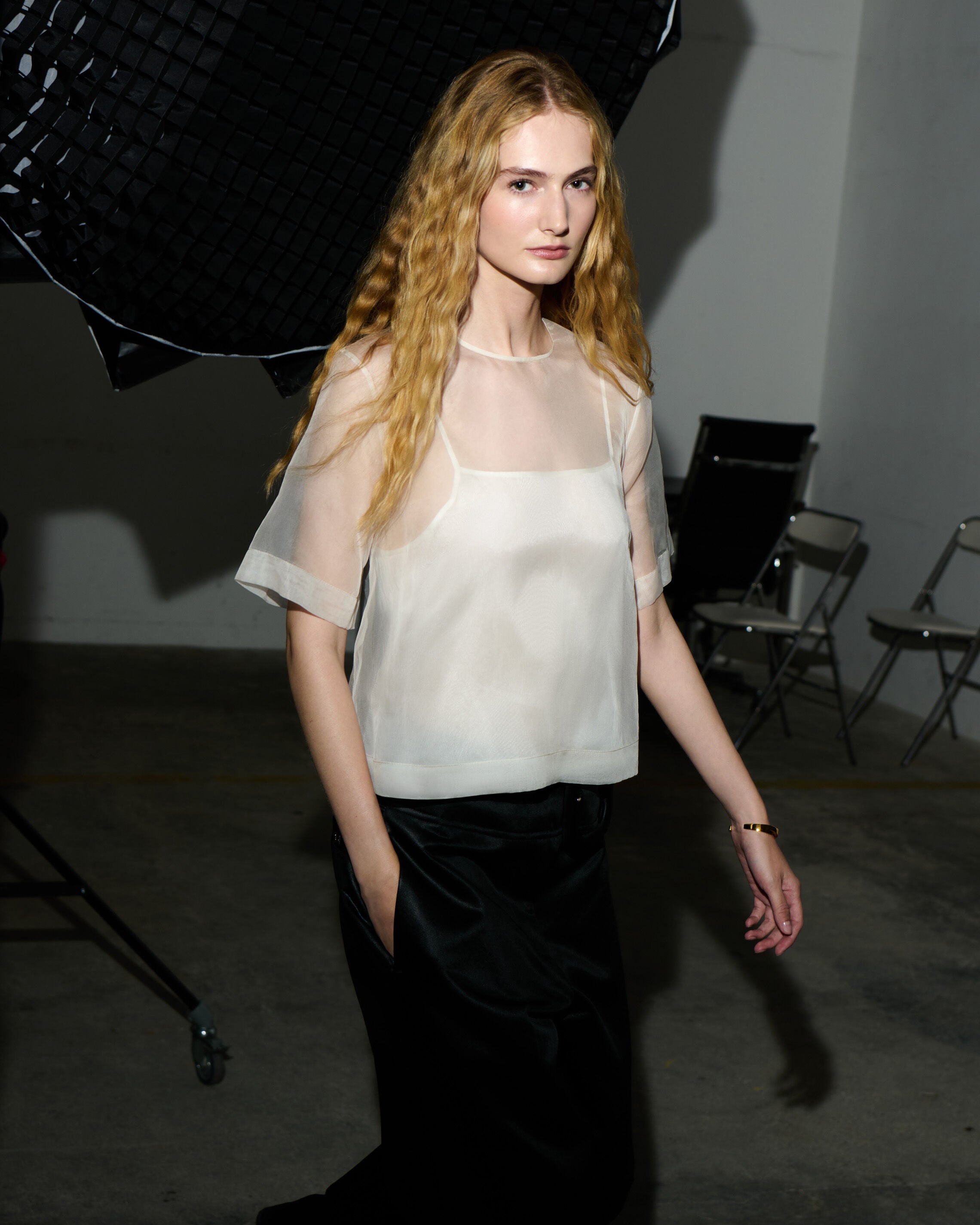 White SIlk Short Sleeves Sheer With Undertop Top - 7