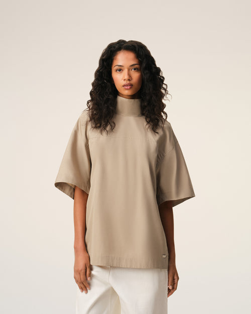 Beiges Baumwoll-T-Shirt mit Stehkragen und Knöpfen - Damen - 3 - AMI Paris - Ami Paris