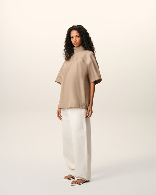 Beiges Baumwoll-T-Shirt mit Stehkragen und Knöpfen - Damen - 6 - AMI Paris - Ami Paris