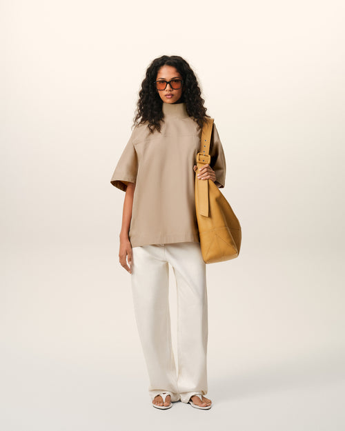                                 Beige Cotton Stand Up Collar Buttoned Top - 3                             - Ami Paris