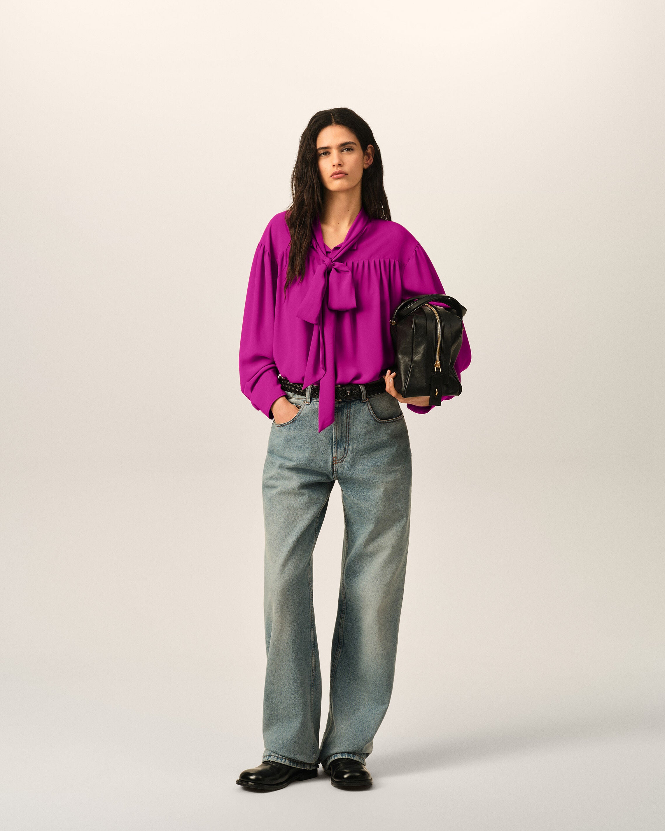 Blusa lavallière in misto seta viola - 3
