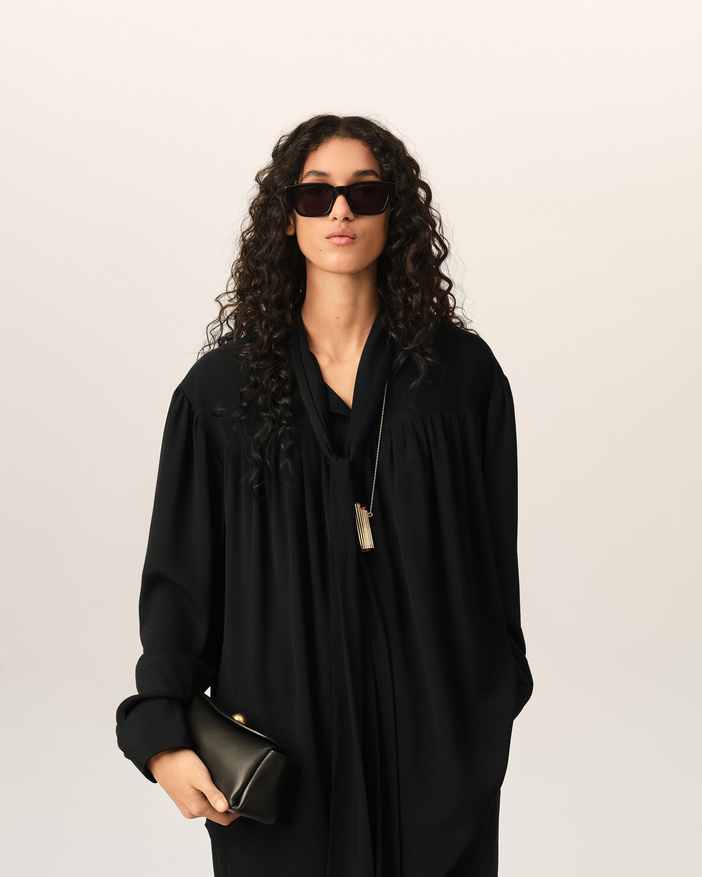 Black lavalliere silk-blend blouse - 2