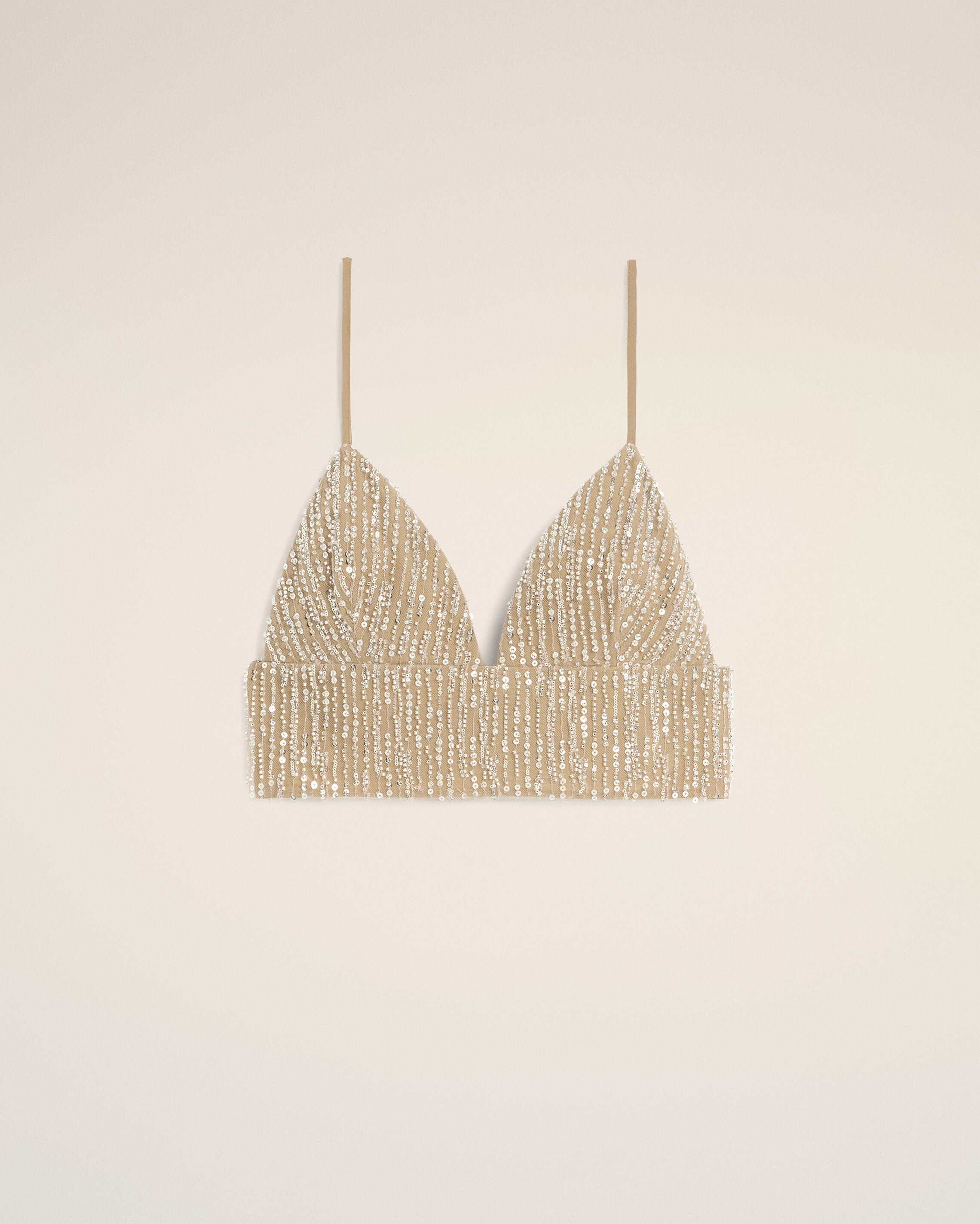 Top corto beige bordado con lentejuelas - 1