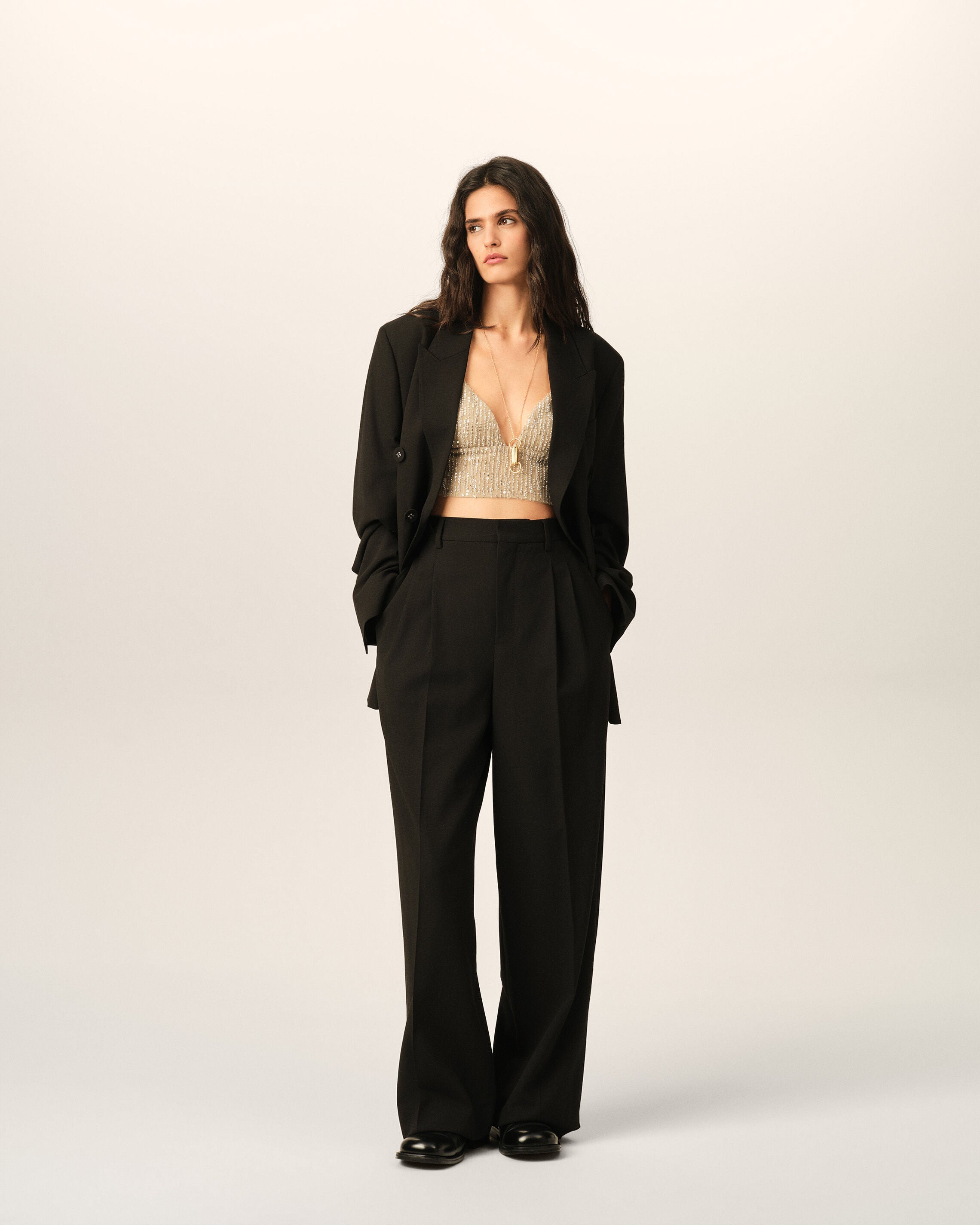 Top corto beige bordado con lentejuelas - 3