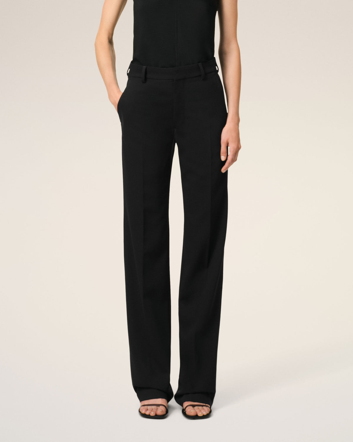 Pantalon Noir Droit Contrasté En Laine - 3