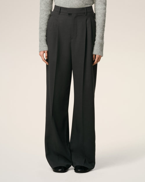 Pantalon Noir Large Taille Haute En Laine - 3 - Ami Paris