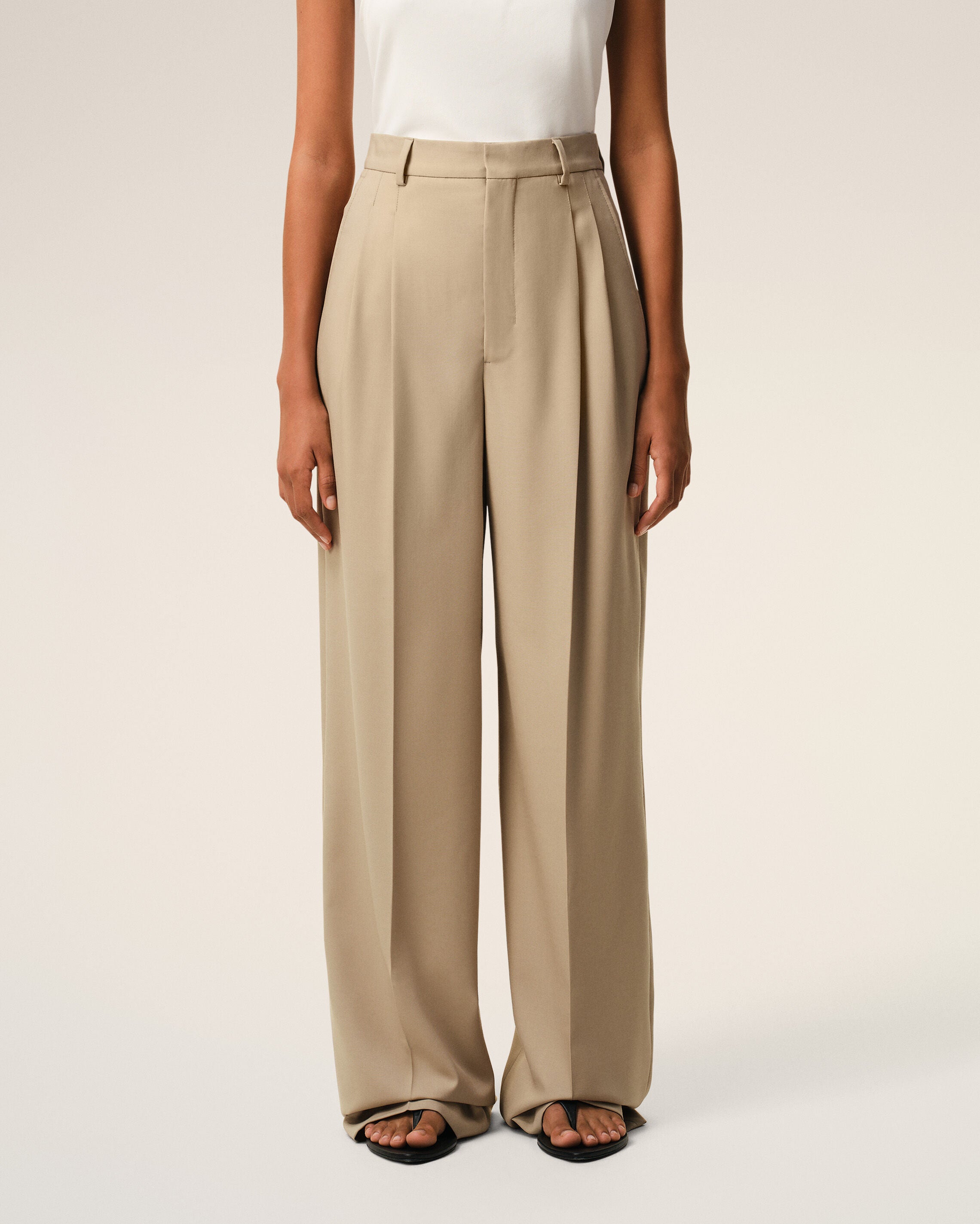 Beige New Wool High Waist Wide Trousers With Two Pleats - 3