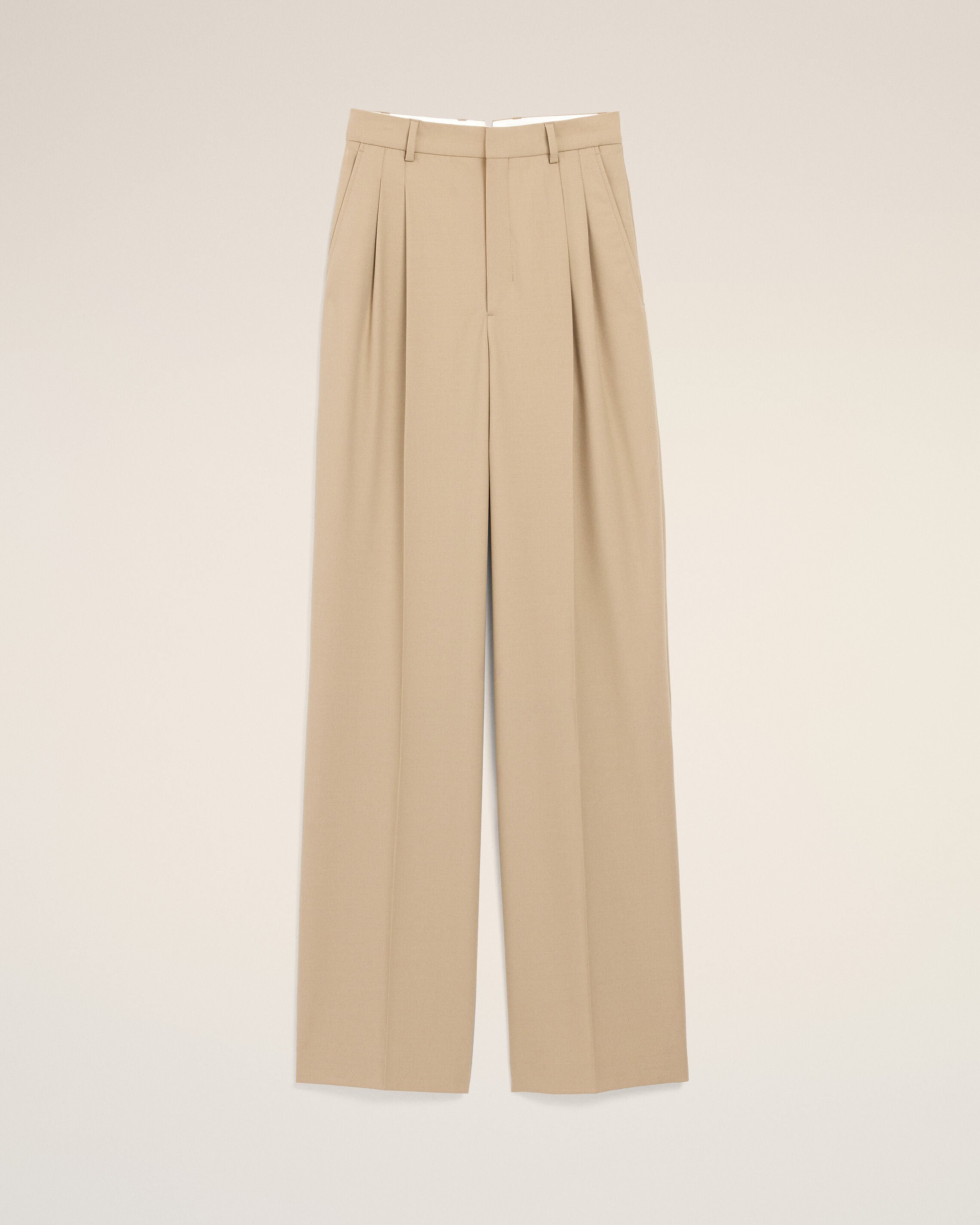 Beige New Wool High Waist Wide Trousers With Two Pleats - 1