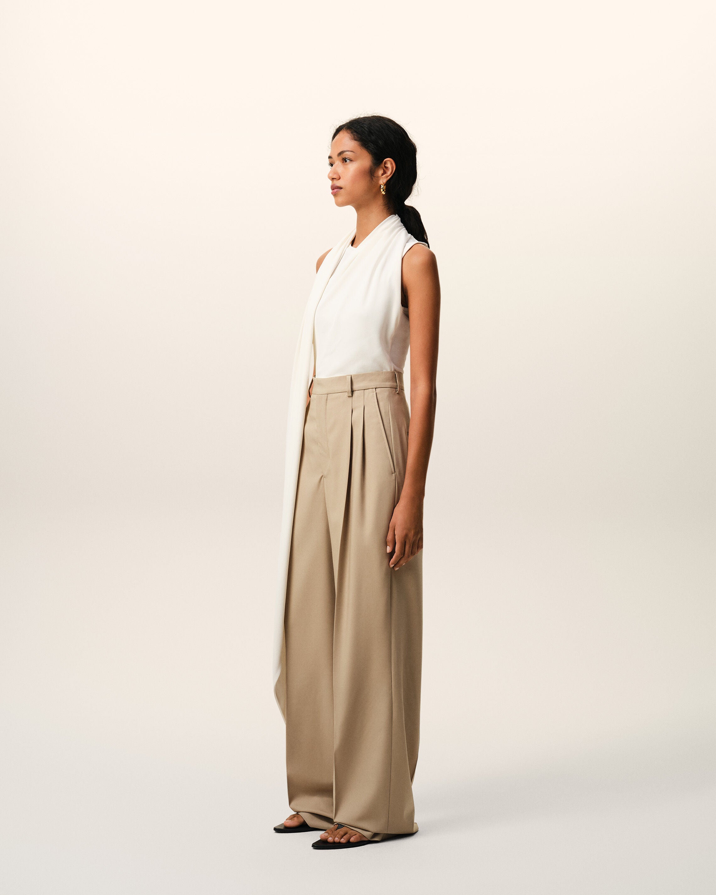Beige New Wool High Waist Wide Trousers With Two Pleats - 6