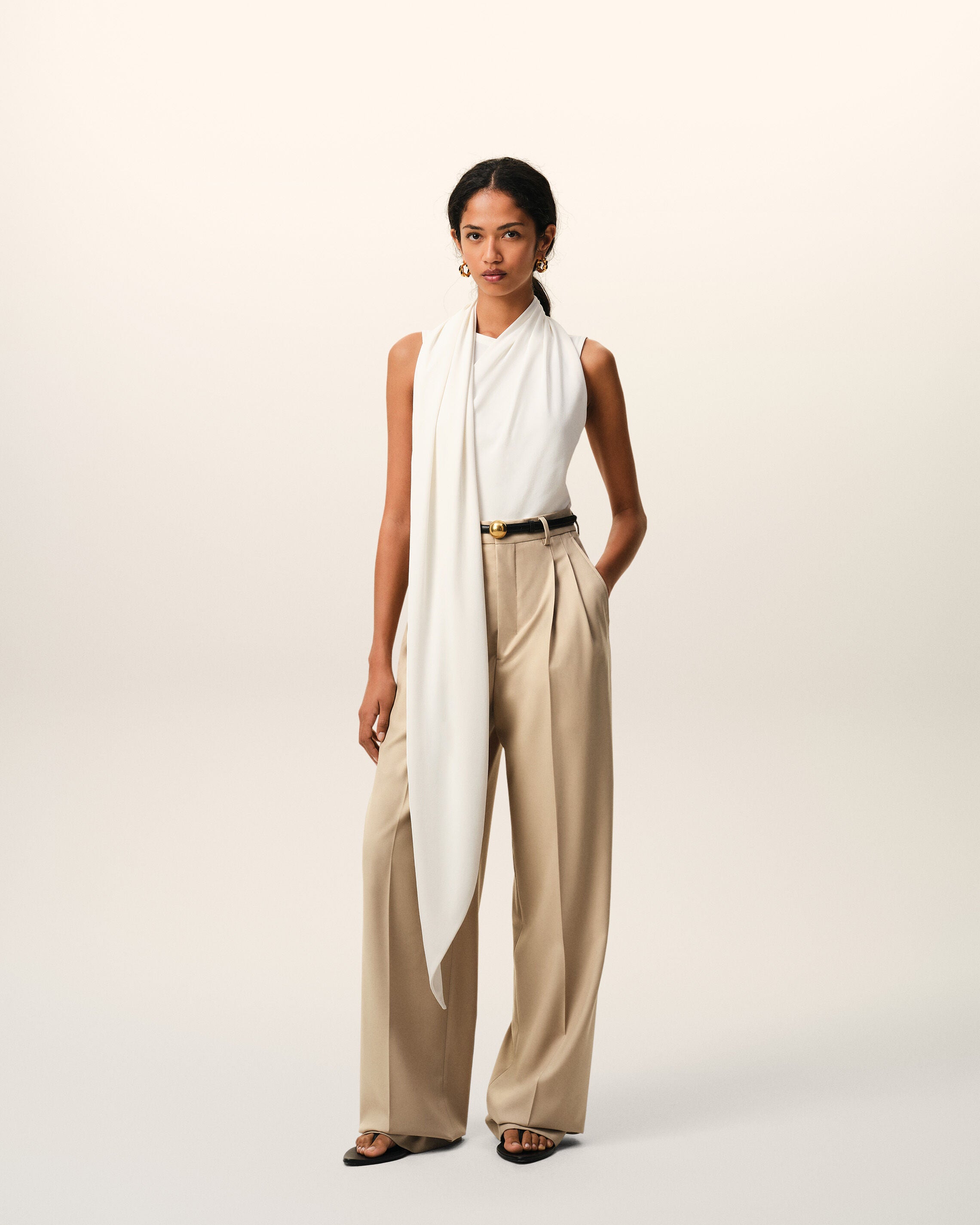 Beige New Wool High Waist Wide Trousers With Two Pleats - 2
