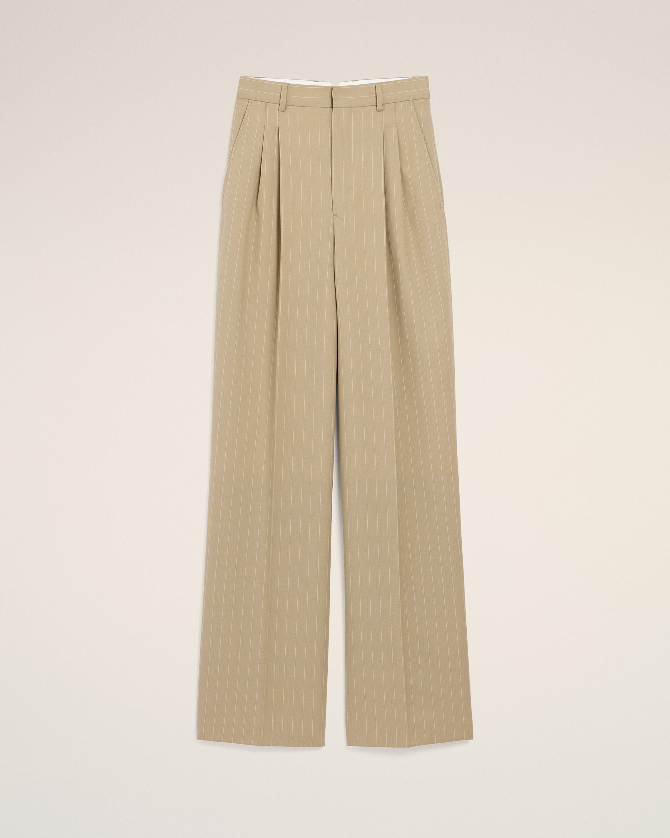 Beige New Wool High Waist Wide Trousers - 1